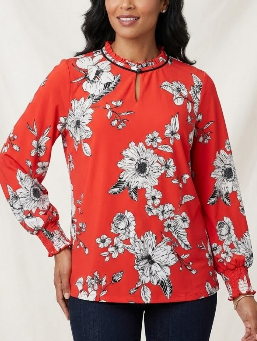 Susan Graver Smock Cuff Red Black White Floral Keyhole Ruffled Collar Blouse Top